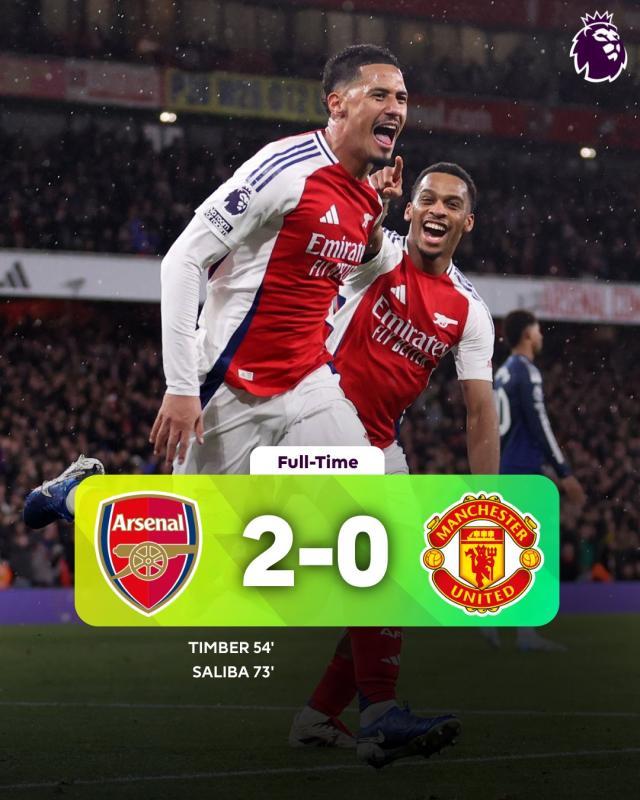 【英超】阿森纳2比0曼联，廷伯、萨利巴通过角球破门